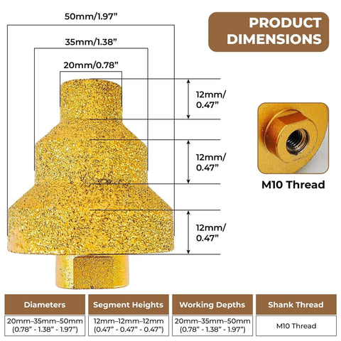 Diamond Step Drill Bits 20 35 50mm Set dimensions and M10 thread detail for metal tile wood concrete marble engineered stone