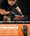Man slicing meat while wearing thick 10Mil nitrile gloves, diamond textured and latex free, with size chart for Medium to XL.