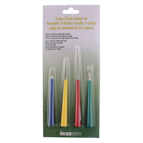 Diamond Tipped Bead Reamer Set For Jewelry Making With Color Coded Plastic Handles A Four Piece Steel Diamond Drill Kit To Enlarge Holes And Smooth Edges The Beadsmith in packaging.