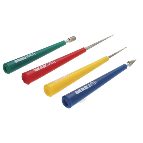 Diamond Tipped Bead Reamer Set For Jewelry Making With Color Coded Plastic Handles A Four Piece Steel Diamond Drill Kit To Enlarge Holes And Smooth Edges The Beadsmith