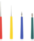 Four-piece Diamond Tipped Bead Reamer Set with colored handles for jewelry making; used for enlarging bead holes on various materials.