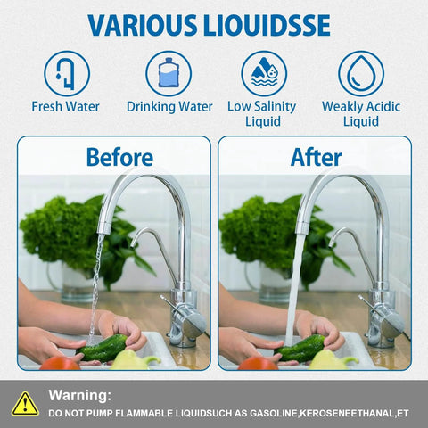 WASSERMANN 115V AC Diaphragm Pump filtering fresh water before and after use on vegetables with faucet in kitchen setting.