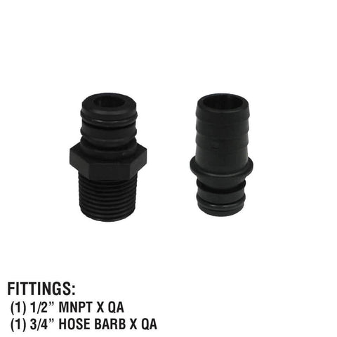 Two black fittings for Everflo 12V On-Demand Diaphragm Sprayer Pump - 5.5GPM, 60 PSI, Quick Attach Ports, half-inch MNPT and three-quarter-inch hose barb.