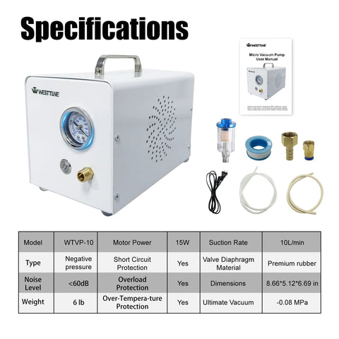 Lab Diaphragm Vacuum Pump For Filtration, Portable And Oil Free Oilless Design with accessories and specifications chart