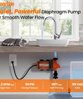 Cleartide Diaphragm Water Pump, 115V, 3.3 GPM, 50 PSI, Self-Priming 10FT installed under sink with built-in pressure switch