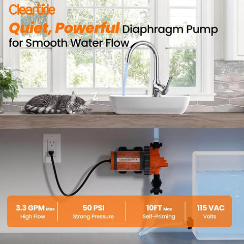Cleartide Diaphragm Water Pump, 115V, 3.3 GPM, 50 PSI, Self-Priming 10FT installed under sink with built-in pressure switch