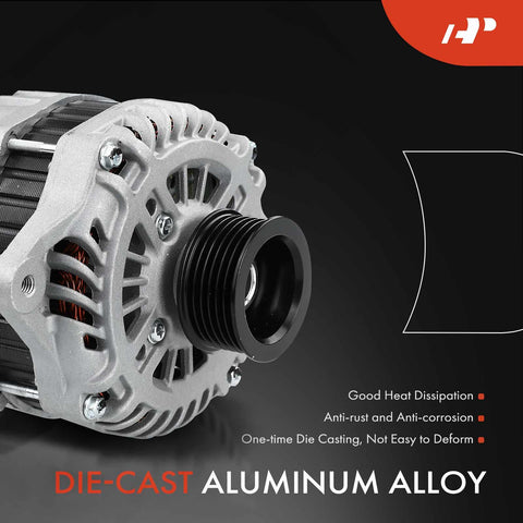 130 Amp 12V Heavy Duty Street-Ready Alternator For Subaru Legacy Outback Tribeca 2010 2014 With 6-Groove Pulley Clockwise Spin Direct Fit Replacement 3.6L H6 23700AA620 23700AA830, side view showing die-cast aluminum body.
