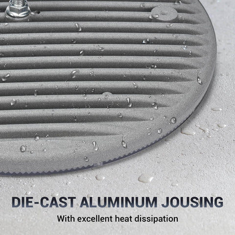 Close-up of die-cast aluminum housing with water droplets for Ridiculously Bright 10 Pack 150W UFO LED High Bay Lights 6000K Daylight 120VAC IP66 Waterproof 21050LM Equivalent To 650W MH HPS For Warehouse Shop Workshop Barn Gym Factory.