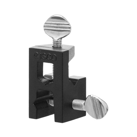 Square Boss Head Clamp Made From Die Cast Alloy For 16mm Rods And Flat Materials, showing metal clamping screws, front view.
