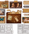 Awesome Versatile Die Cut Set For Card Making And Scrapbooking With Folder Slide Stamp Film Patterns Envelope Cut Dies Journal Embellishments And Paper Craft Decor For Diy Projects By Globleland displayed with vintage tags and film design.