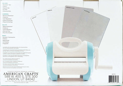 Front view of Revolution Portable Die Cutting And Embossing Machine With Magnetic Platform, including embossing and cutting plates.