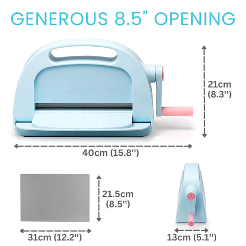 No Fuss Die Cutting And Embossing Machine with 8.5 inch opening, dimensions and side view shown, great for card making and scrapbooking