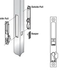 Diagram of Diecast Non Keyed Patio Sliding Door Handle Set For One Inch To One And One Eighth Inch Thick Sliding Glass Doors Black Replacement Handle With Four Latches For Flush Lock Punch Outs And Versatile Use On Most Common Patio Door Configurations showing components: inside pull, outside pull, and keeper.