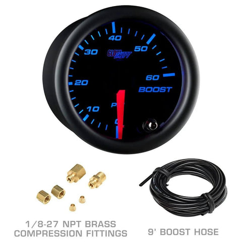 GlowShift Diesel Gauge Package For Ford Super Duty F250 F350 1999 2007 6.0L 7.3L Power Stroke, Boost gauge with fittings and hose