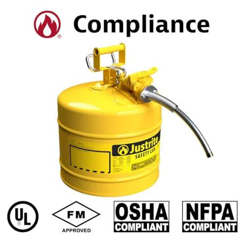 Front view of 5 Gallon Diesel Safety Can With Flame Arrester Self Closing Lid Flexible Five Eighth Inch Metal Spout Type II