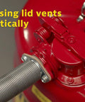 Close-up of 5 Gallon Diesel Safety Can With Flame Arrester Self Closing Lid Flexible Five Eighth Inch Metal Spout Type II Flammable Storage