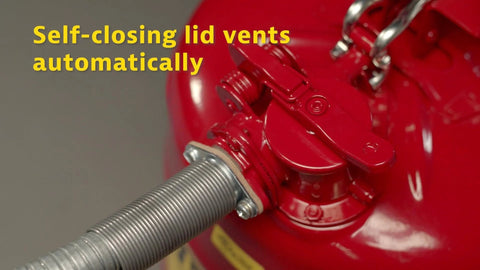 Close-up of 5 Gallon Diesel Safety Can With Flame Arrester Self Closing Lid Flexible Five Eighth Inch Metal Spout Type II Flammable Storage