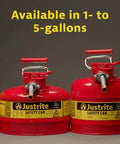 Four red Justrite safety cans ranging from 1 to 5 gallons with metal spouts and labels, suitable for flammable storage.