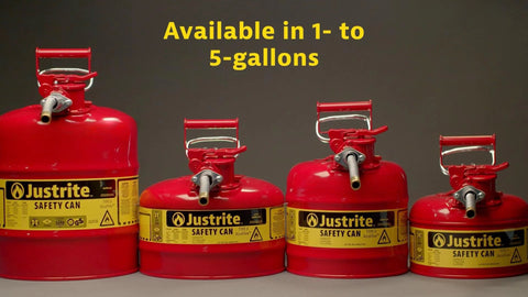 Four red Justrite safety cans ranging from 1 to 5 gallons with metal spouts and labels, suitable for flammable storage.