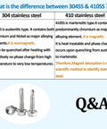 Comparison chart of 304 vs 410 stainless steel with close-up of 120PCS #8 x 1/2 Inch Sheet Metal Screws 410 Stainless Steel Hex Washer Head Fast Self Tapping Screws