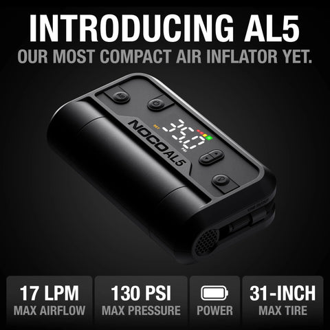 Air AL5 Cordless Tire Inflator With 5A Battery Power, Portable Digital Gauge, compact design, front view