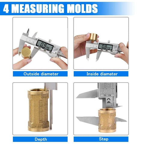Digital Caliper Measuring Tool showing outside and inside diameter, depth, and step measurement on stainless steel vernier with LCD.