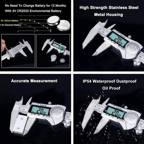Digital Caliper, Caliper Measuring Tool Outside Micrometer with large LCD, stainless steel, IP54 splash proof, vernier dial display