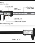 Electronic Digital Calipers with LED display, inch/mm conversion, black plastic, 0-6 inch range, for DIY, jewelry measurement, labeled parts