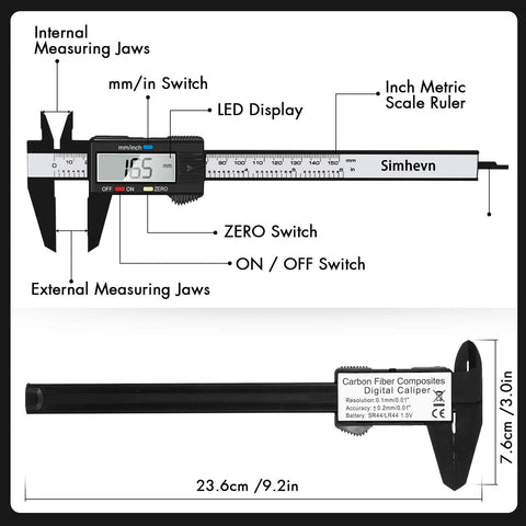 Electronic Digital Calipers with LED display, inch/mm conversion, black plastic, 0-6 inch range, for DIY, jewelry measurement, labeled parts