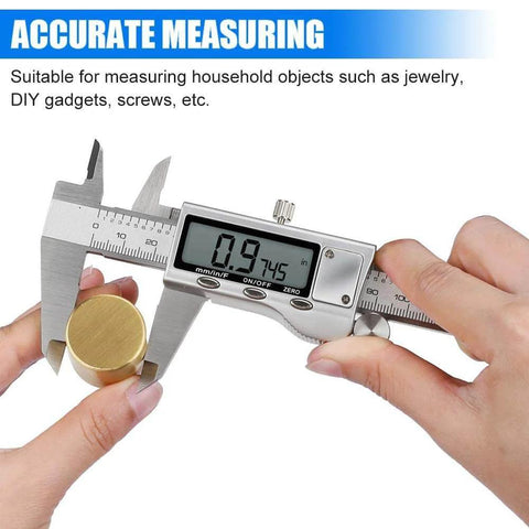 Person using Digital Caliper Measuring Tool, Stainless Steel Vernier Caliper Digital Micrometer with Large LCD Screen on metal object