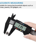 Person holding a digital caliper measuring a small object, showing 11.4mm on the LCD screen. Digital Caliper 0 To 6 Inches Electronic Measuring Tool.