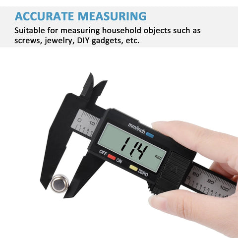 Person holding a digital caliper measuring a small object, showing 11.4mm on the LCD screen. Digital Caliper 0 To 6 Inches Electronic Measuring Tool.