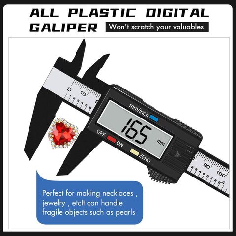 Electronic Digital Calipers, inch and Millimeter Conversion, LCD Screen displays 0-6" Caliper Measuring Tool, measuring a red jewel.