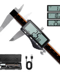 Digital Caliper, Rechargeable Calipers with Large LCD Screen shows measurements in inch/mm/fraction. Includes USB-C cable and case.