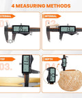 Digital Caliper, Rechargeable Calipers with Large LCD Screen showing 4 measuring methods: external, internal, step, depth.