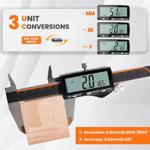 Digital Caliper, Rechargeable Calipers with Large LCD Screen showing multiple unit conversions for accurate DIY measurements.