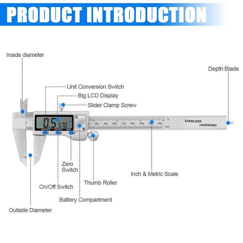 Diagram of Digital Caliper Measuring Tool, Stainless Steel Vernier Caliper Digital Micrometer with Large LCD Screen, 6 Inch Tool features