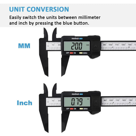 Digital Caliper 0 To 6 Inches Electronic Measuring Tool With Large LCD Screen showcasing millimeter and inch conversion.