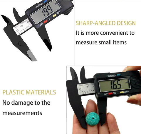 Electronic Digital Calipers, inch and Millimeter Conversion, close-up of LCD screen measuring tool on small objects, DIY/Jewelry Measurement