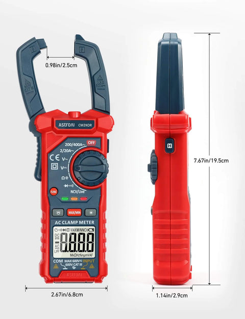 Front and side view of Digital Clamp Meter Multimeter 2000 Counts Amp Voltage Tester Auto-ranging with AC/DC Voltage, AC Current