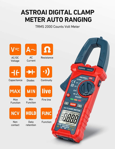 Digital Clamp Meter Multimeter 2000 Counts Amp Voltage Tester Auto-ranging with AC/DC Voltage, Resistance, Capacitance, NCV, Blue