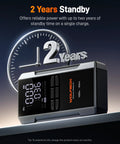 Electronic device displaying a clock and the text '2 Years Standby' with a digital screen showing various indicators.