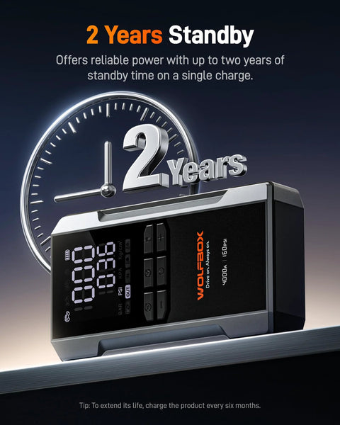 Electronic device displaying a clock and the text '2 Years Standby' with a digital screen showing various indicators.