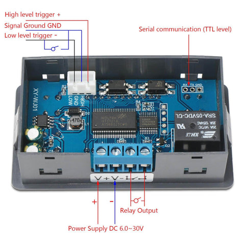 Front view of Digital Delay Relay Module For Go To Timing Control 6 To 30V DC 0.01 Seconds To 9999 Minutes 50mA High Or Low Trigger Button Control With LCD Display On Off Switch For Industrial DIY Projects showing terminal connections and board components.