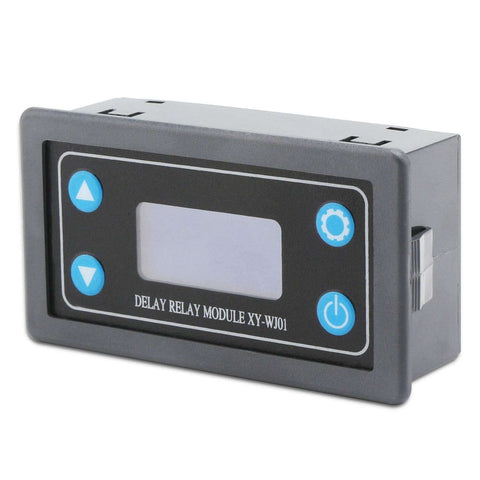 Digital Delay Relay Module For Go To Timing Control 6 To 30V DC 0.01 Seconds To 9999 Minutes 50mA High Or Low Trigger Button Control With LCD Display On Off Switch For Industrial DIY Projects showing a rectangular black module with LCD display and blue buttons.