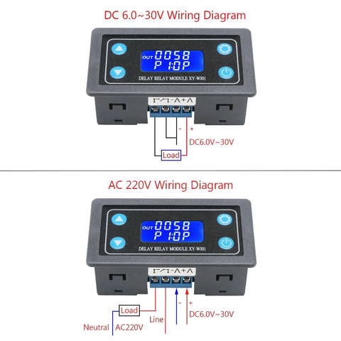 Digital Delay Relay Module For Go To Timing Control 6 To 30V DC 0.01 Seconds To 9999 Minutes 50mA with LCD, wiring diagrams