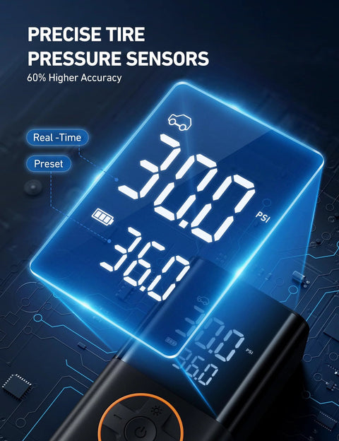 L7 Portable Tire Inflator And Cordless Mini Air Compressor With Digital Dual Value Display showing precise tire pressure.
