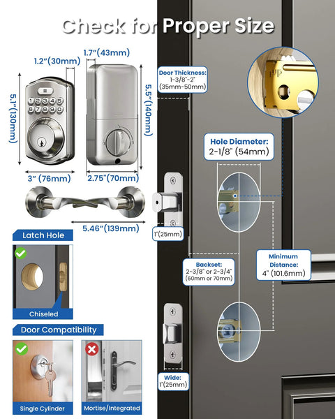 Keyless Entry Door Lock With Dual Lever Handles And Electronic Keypad Deadbolt For Easy Installation And Secure Access Across Front Or Interior Doors Ideal For Homes Rentals And Offices Satin Nickel Finish shown with measurements and door compatibility details.