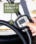 Close-up of TERA PUMP - Electric 55 Gallon Drum Pump with digital flow meter, showing precise capacity measurement on hose.