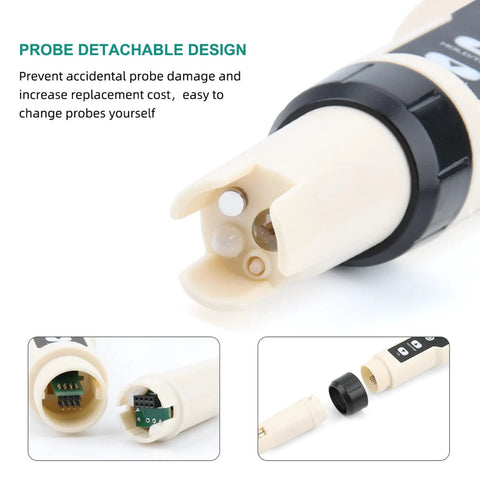 Digital Hydrogen Meter Water Quality Tester with detachable probe design for easy electrode replacement, IP67 waterproof.